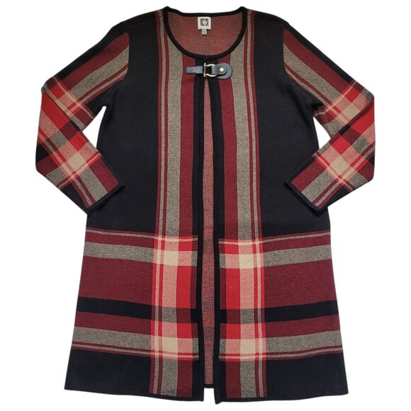 Anne Klein Jackets & Blazers - Anne Klein Women's Long Sleeve Longline Cardigan Plaid Red Black Tan Size L